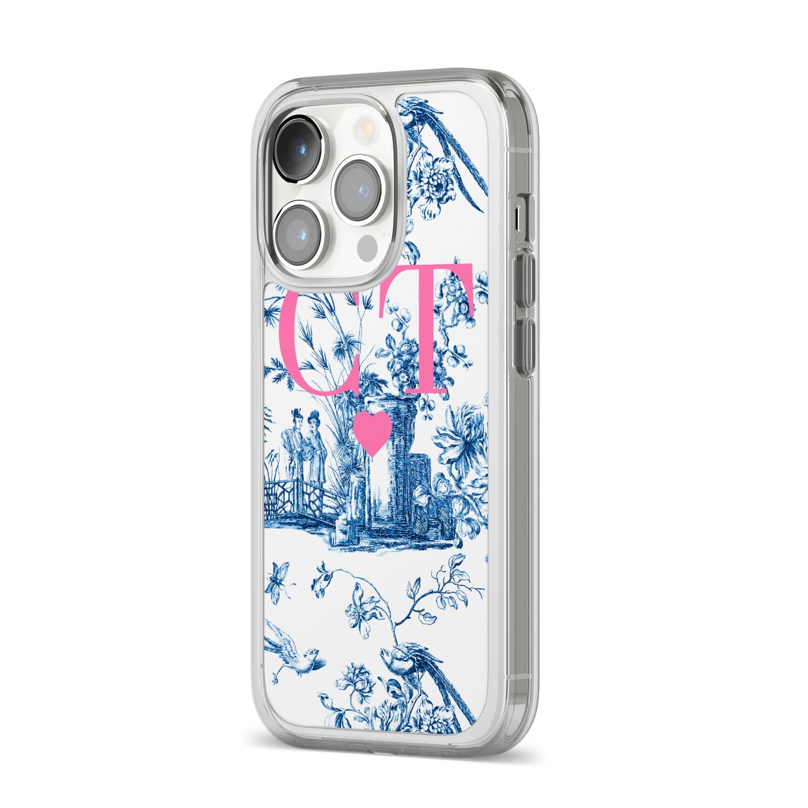 Personalised Chinoiserie Initials iPhone 14 Pro Clear Tough Case Silver Angled Image