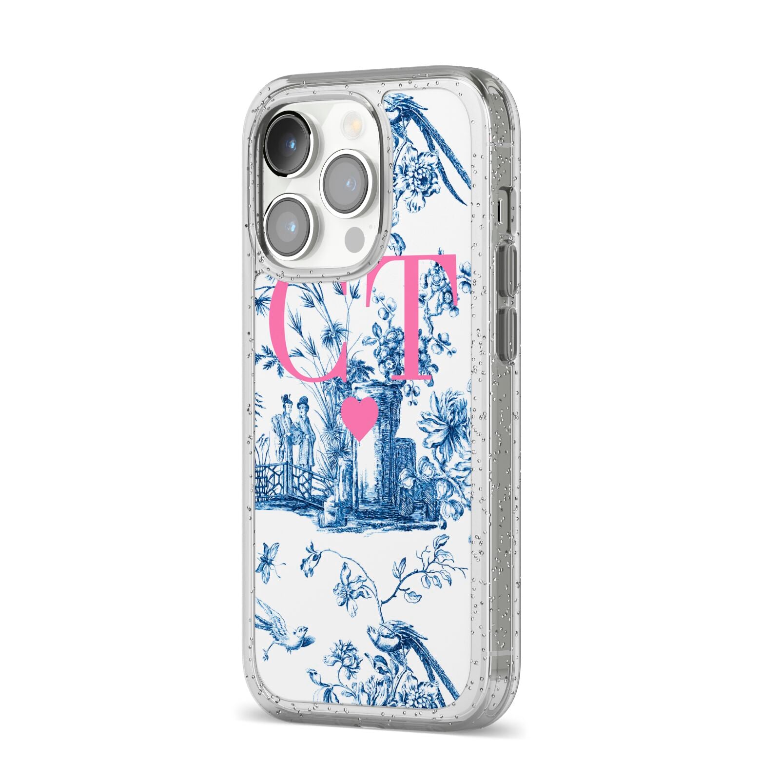 Personalised Chinoiserie Initials iPhone 14 Pro Glitter Tough Case Silver Angled Image