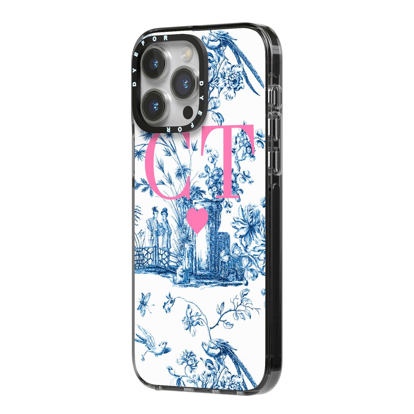 Personalised Chinoiserie Initials iPhone 14 Pro Max Black Impact Case Side Angle on Silver phone