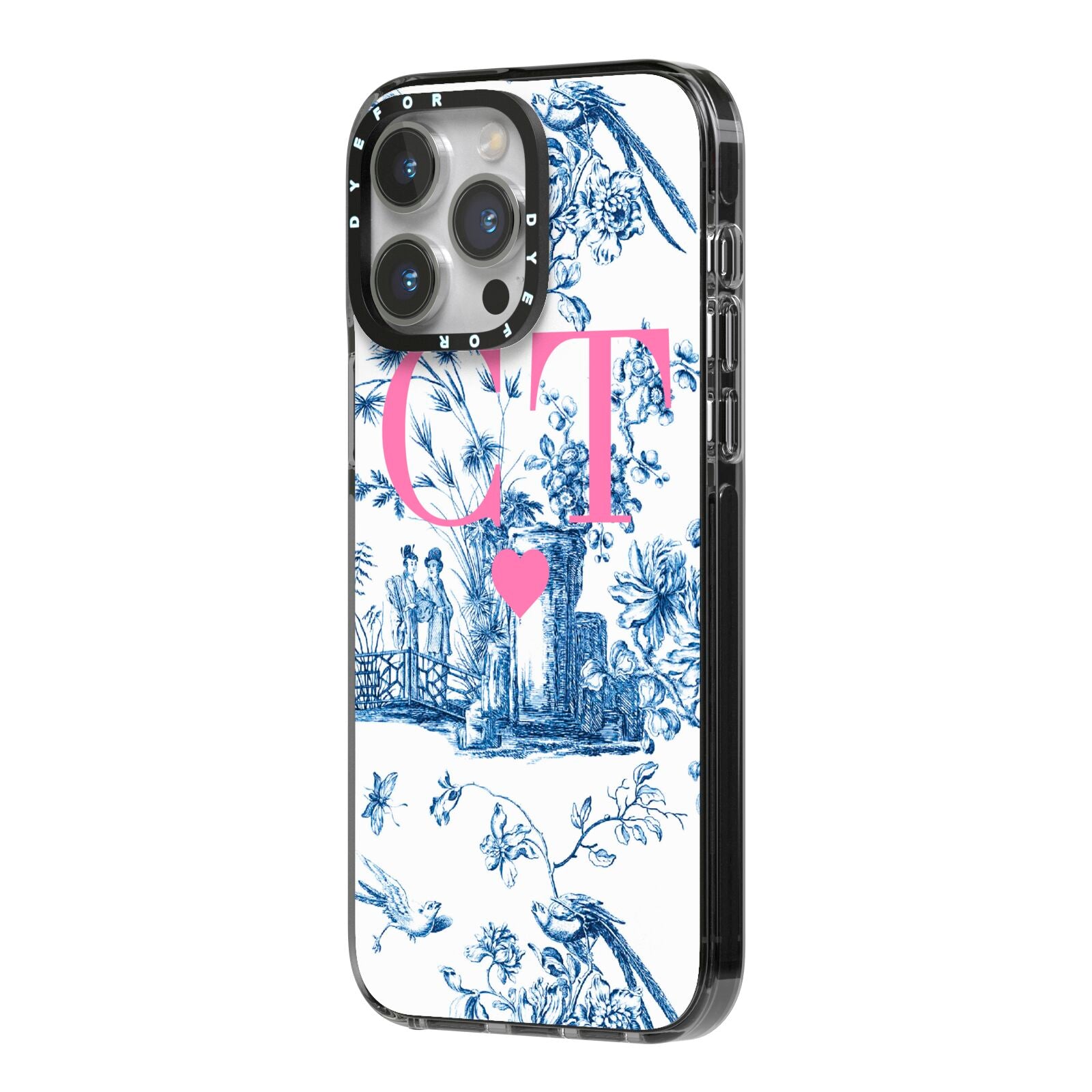 Personalised Chinoiserie Initials iPhone 14 Pro Max Black Impact Case Side Angle on Silver phone