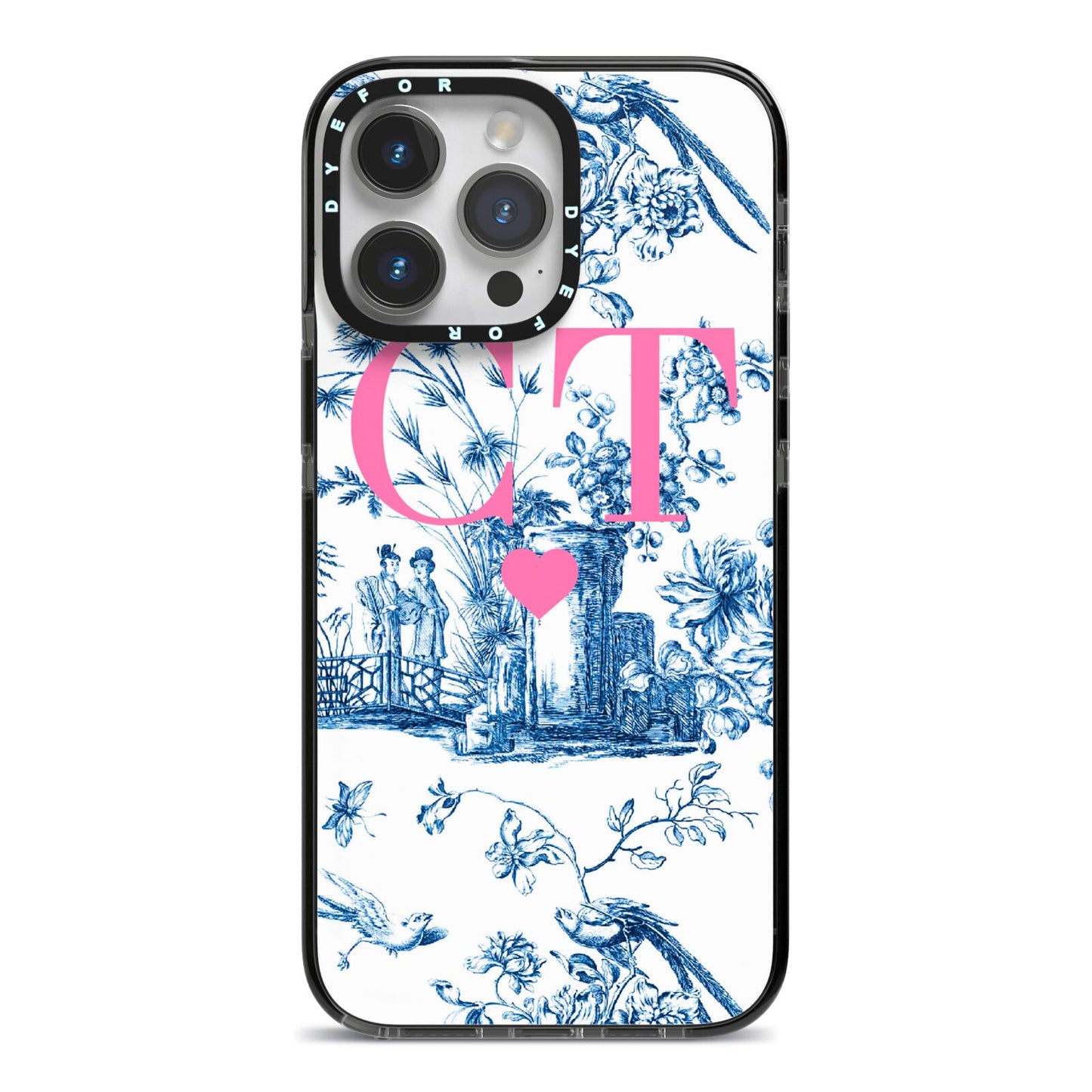 Personalised Chinoiserie Initials iPhone 14 Pro Max Black Impact Case on Silver phone