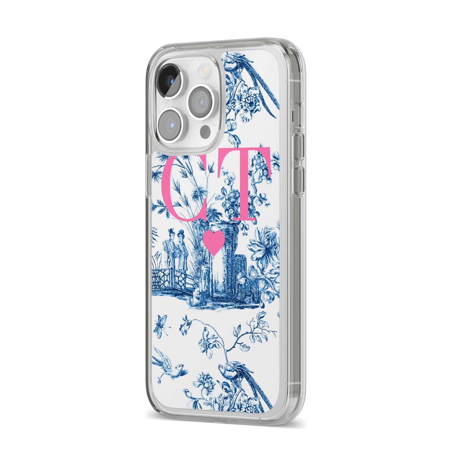 Personalised Chinoiserie Initials iPhone 14 Pro Max Clear Tough Case Silver Angled Image