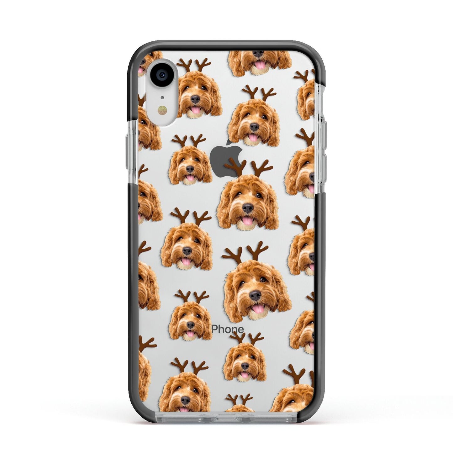 Personalised Christmas Dog Antler Apple iPhone XR Impact Case Black Edge on Silver Phone