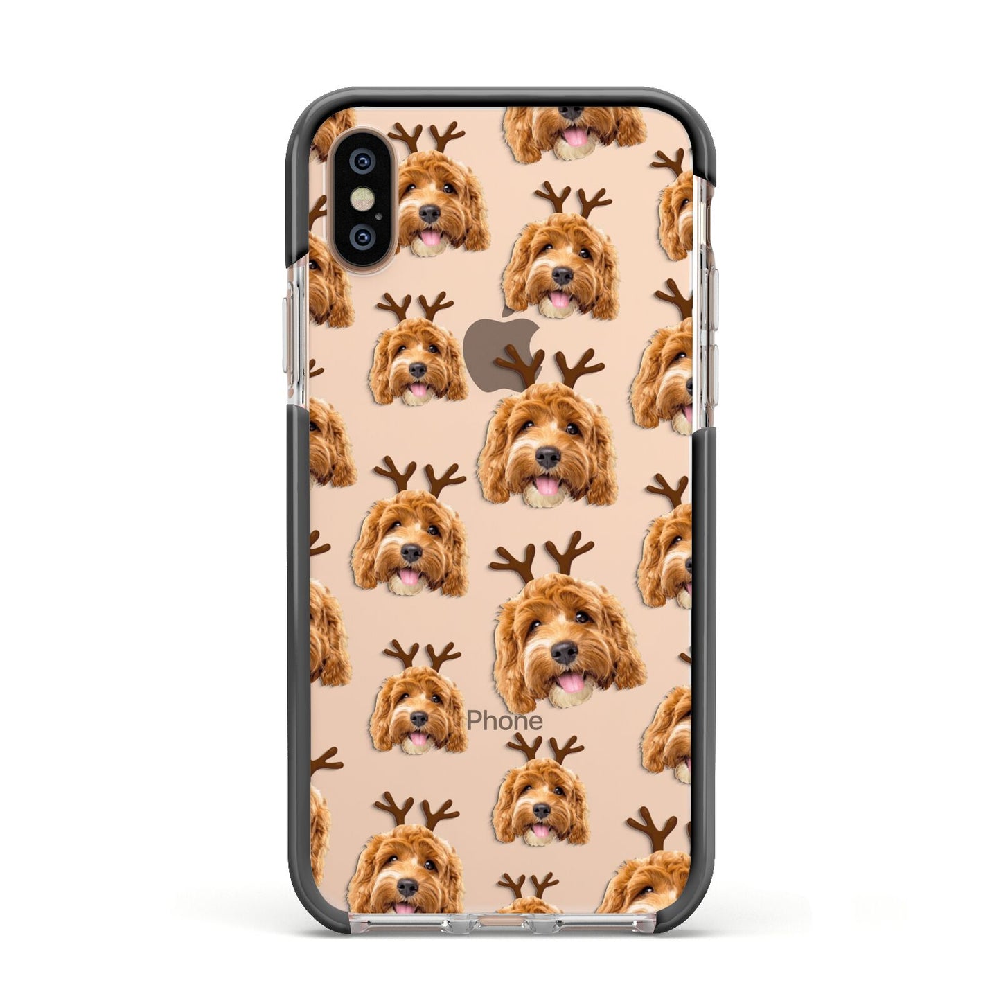 Personalised Christmas Dog Antler Apple iPhone Xs Impact Case Black Edge on Gold Phone