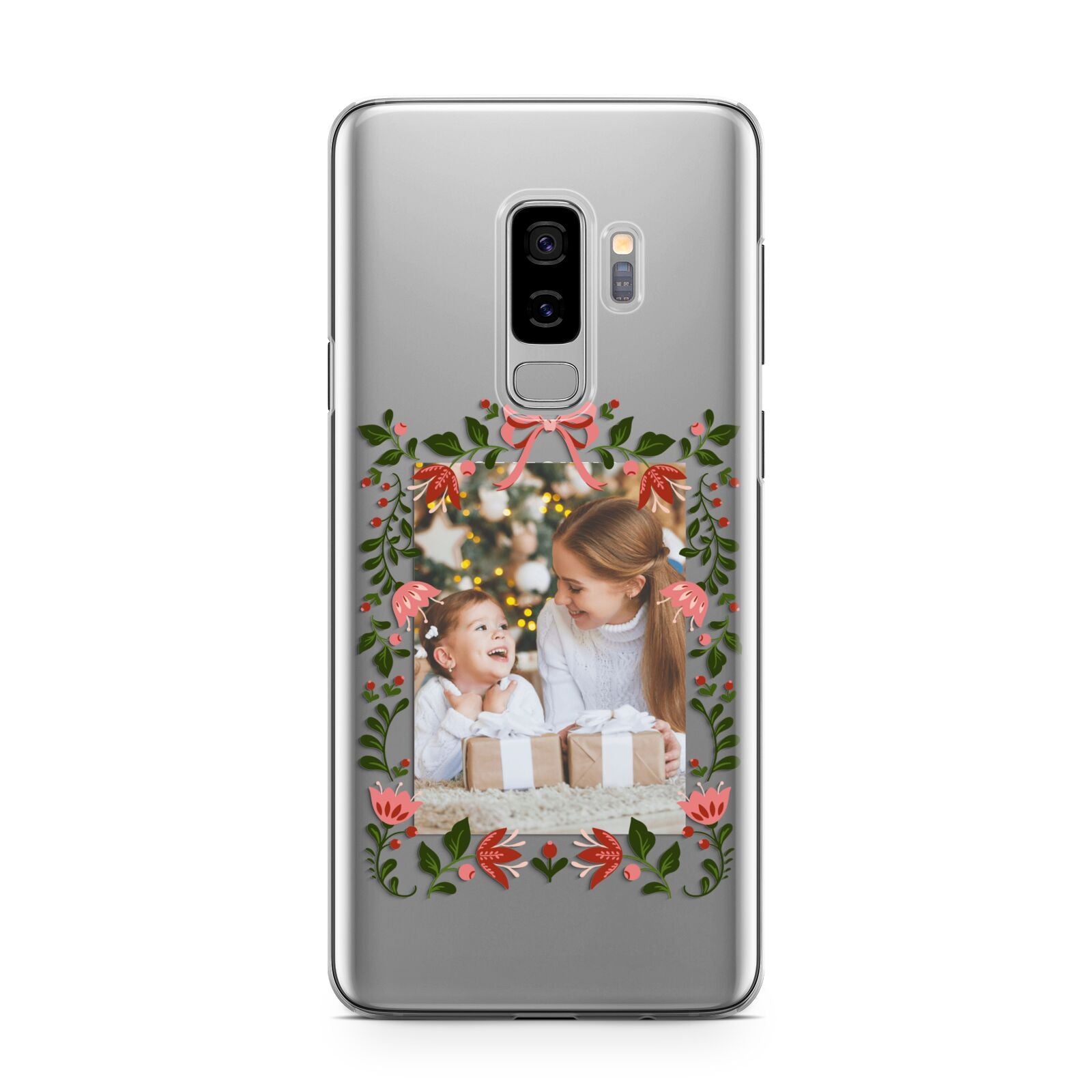 Personalised Christmas Flowers Photo Samsung Galaxy S9 Plus Case on Silver phone