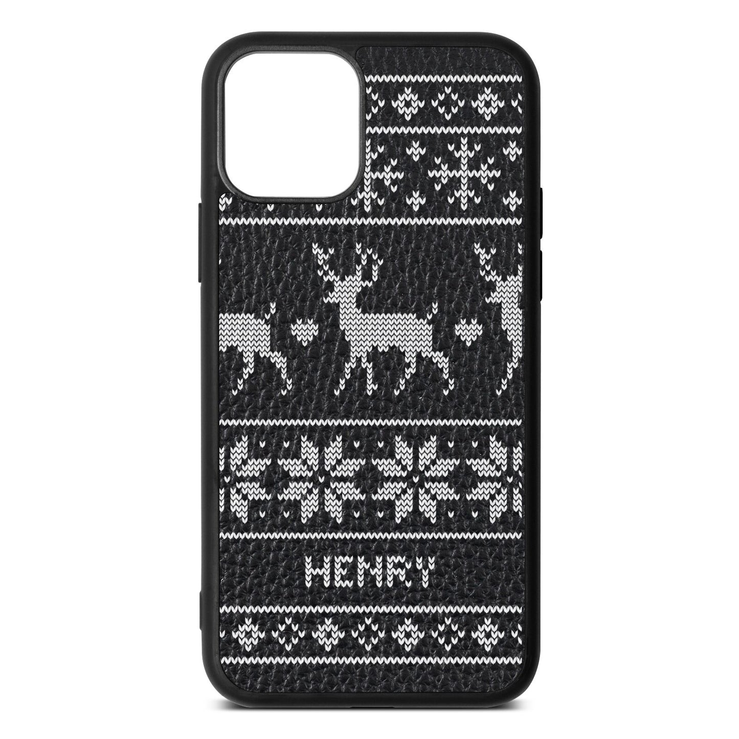 Personalised Christmas Jumper Black Pebble Leather iPhone 11 Case