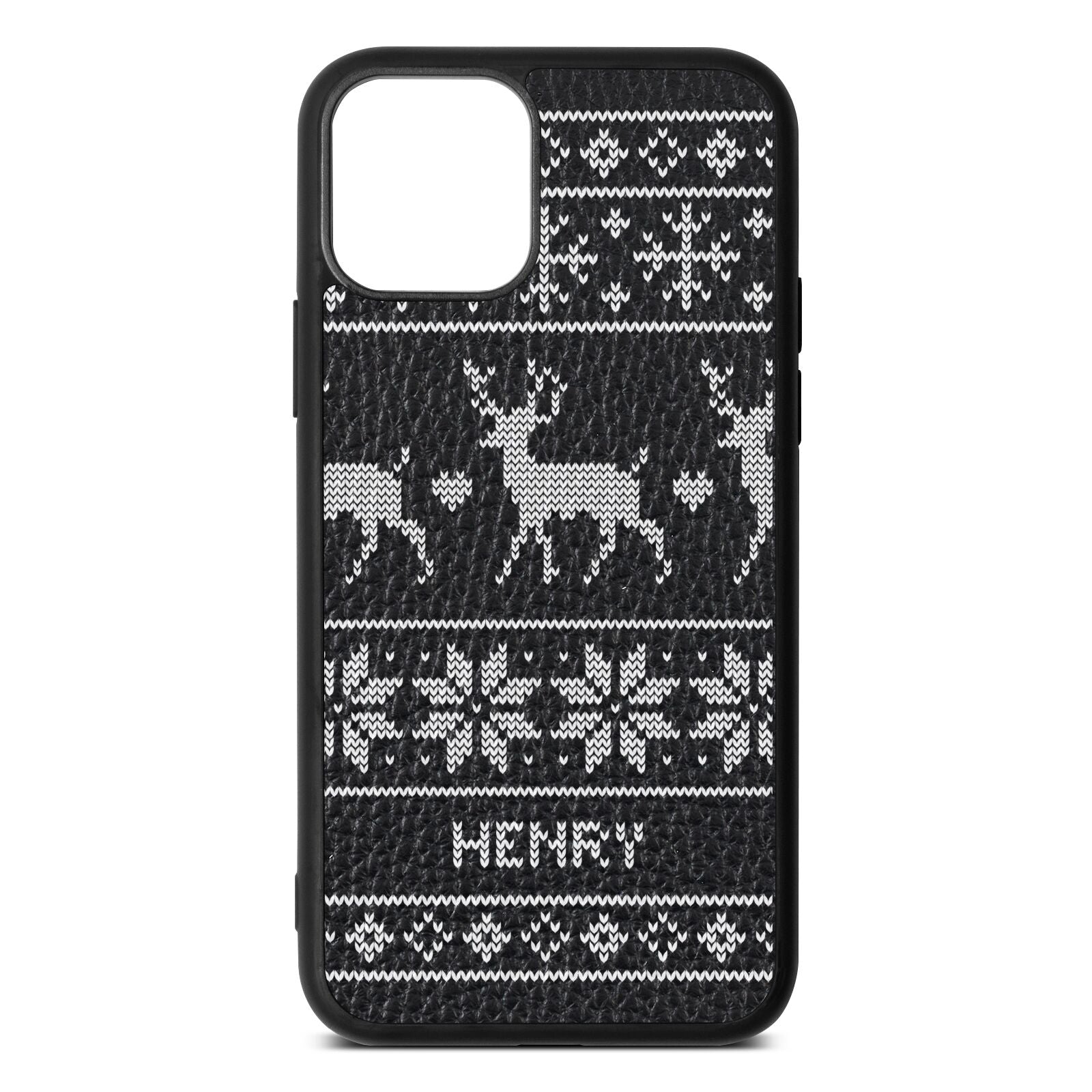 Personalised Christmas Jumper Black Pebble Leather iPhone 11 Pro Case