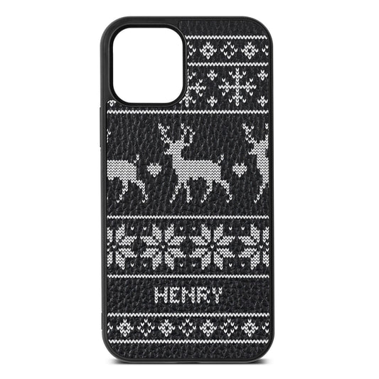 Personalised Christmas Jumper Black Pebble Leather iPhone 12 Case