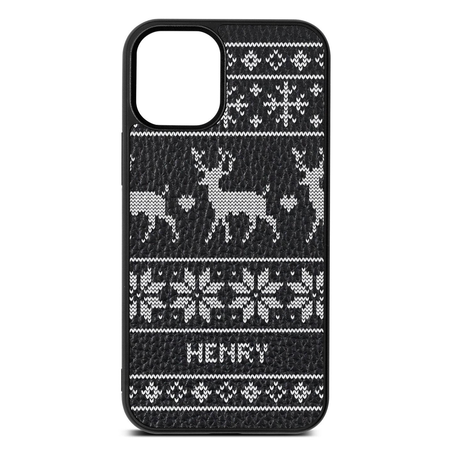 Personalised Christmas Jumper Black Pebble Leather iPhone 12 Mini Case