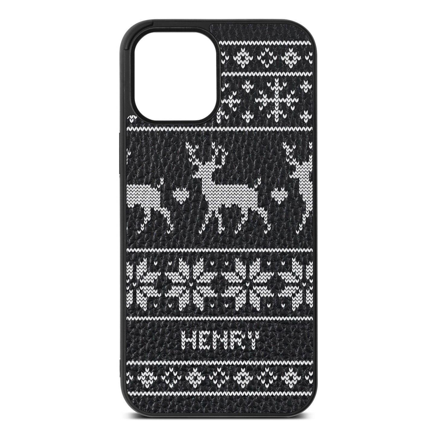 Personalised Christmas Jumper Black Pebble Leather iPhone 12 Pro Max Case