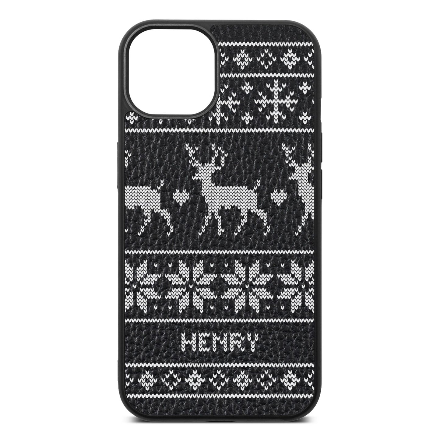 Personalised Christmas Jumper Black Pebble Leather iPhone 13 Case