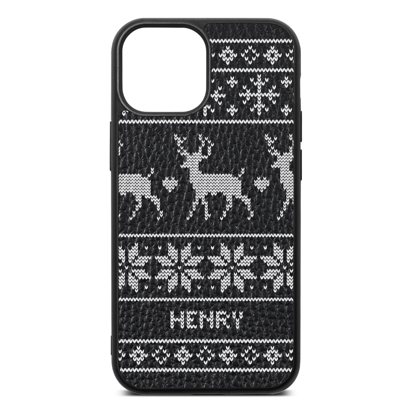 Personalised Christmas Jumper Black Pebble Leather iPhone 13 Mini Case