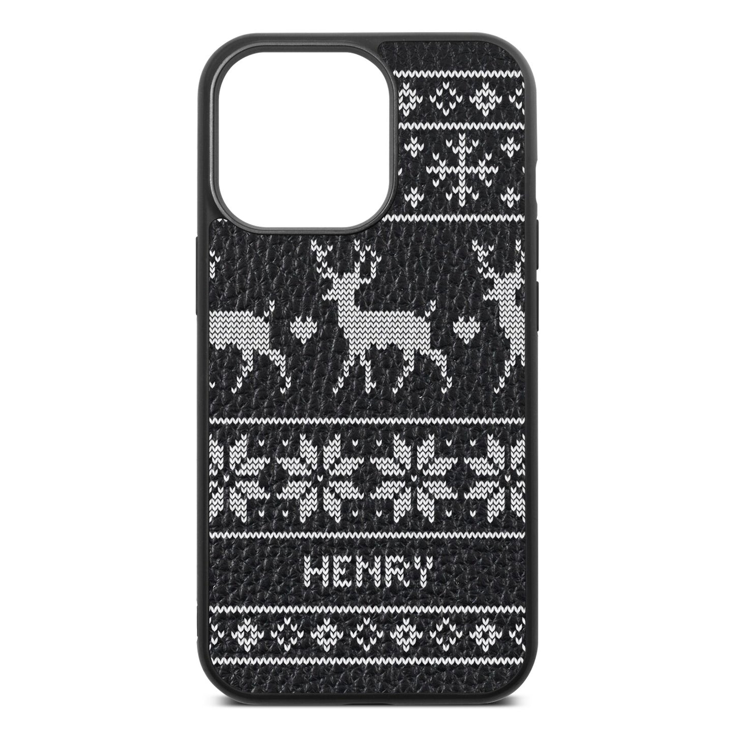 Personalised Christmas Jumper Black Pebble Leather iPhone 13 Pro Case