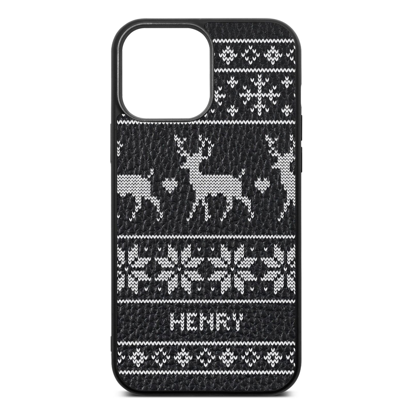 Personalised Christmas Jumper Black Pebble Leather iPhone 13 Pro Max Case