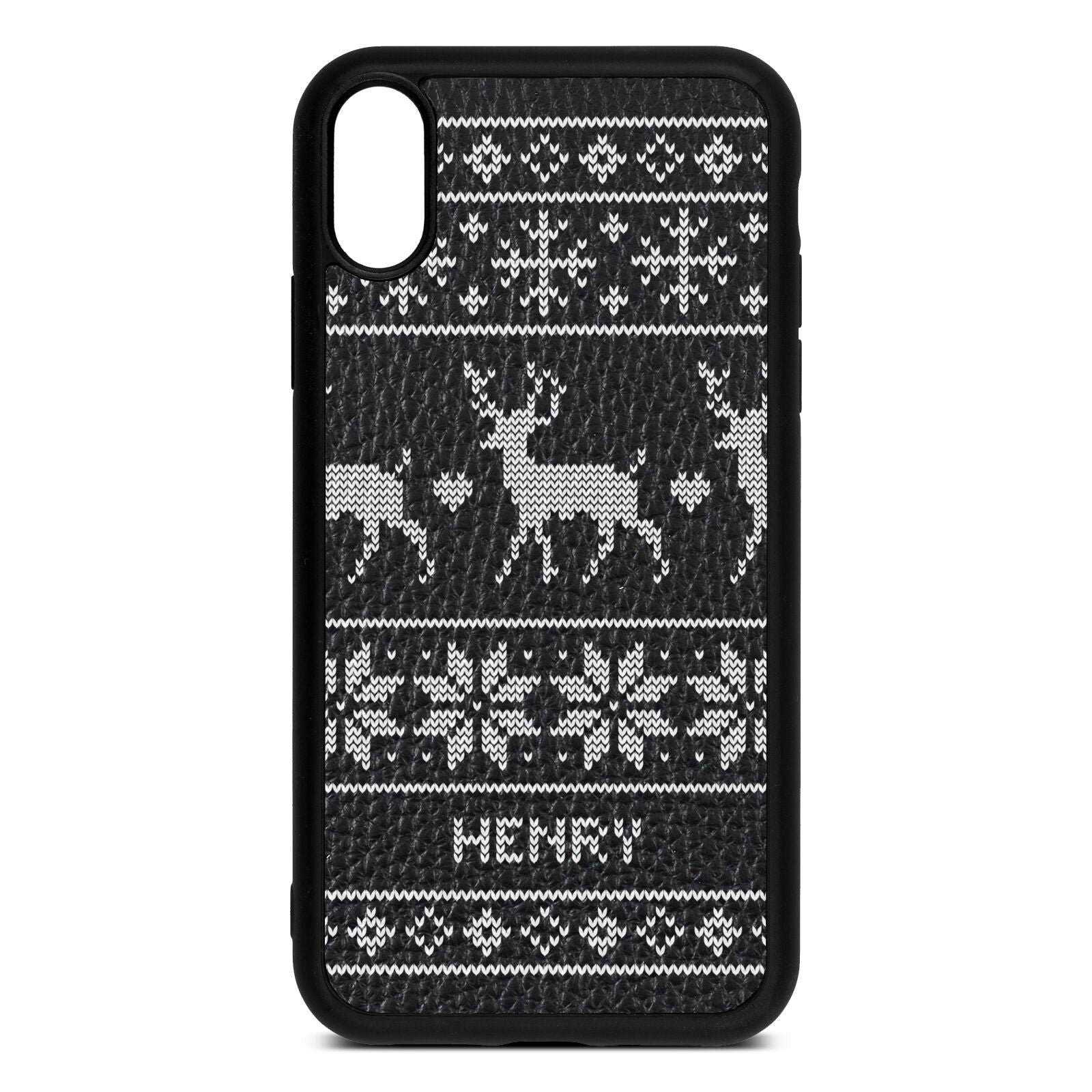 Personalised Christmas Jumper Black Pebble Leather iPhone Xr Case