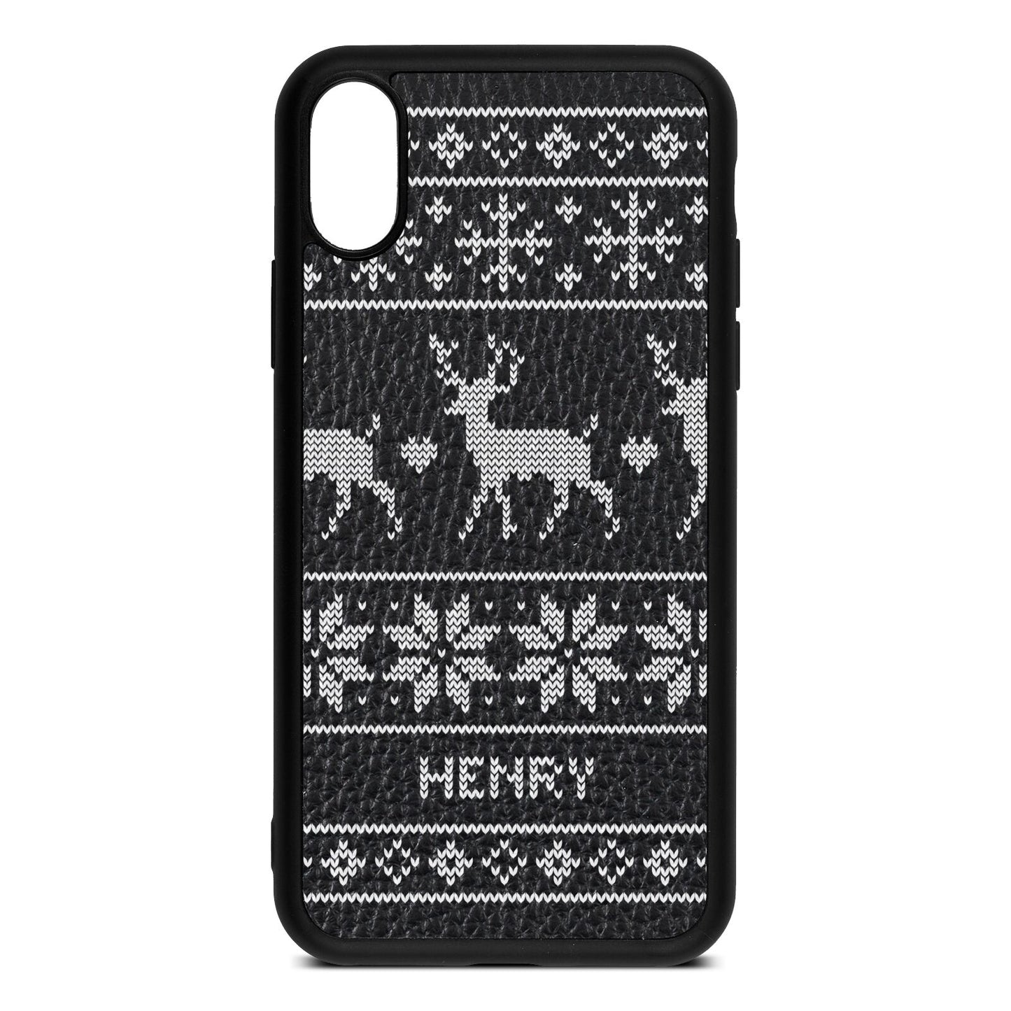 Personalised Christmas Jumper Black Pebble Leather iPhone Xs Case