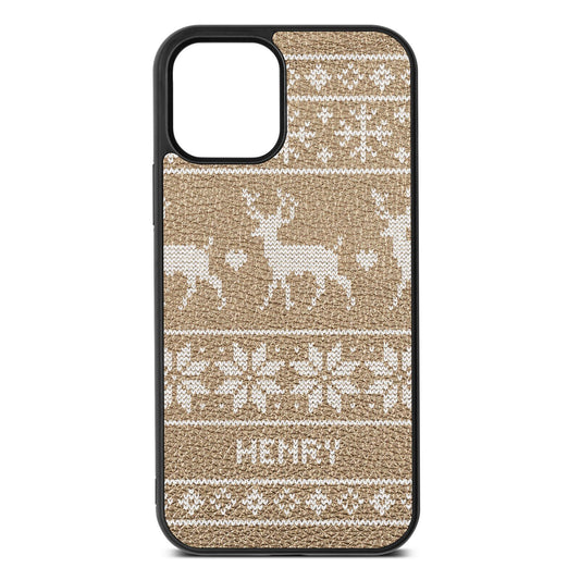 Personalised Christmas Jumper Gold Pebble Leather iPhone 12 Case