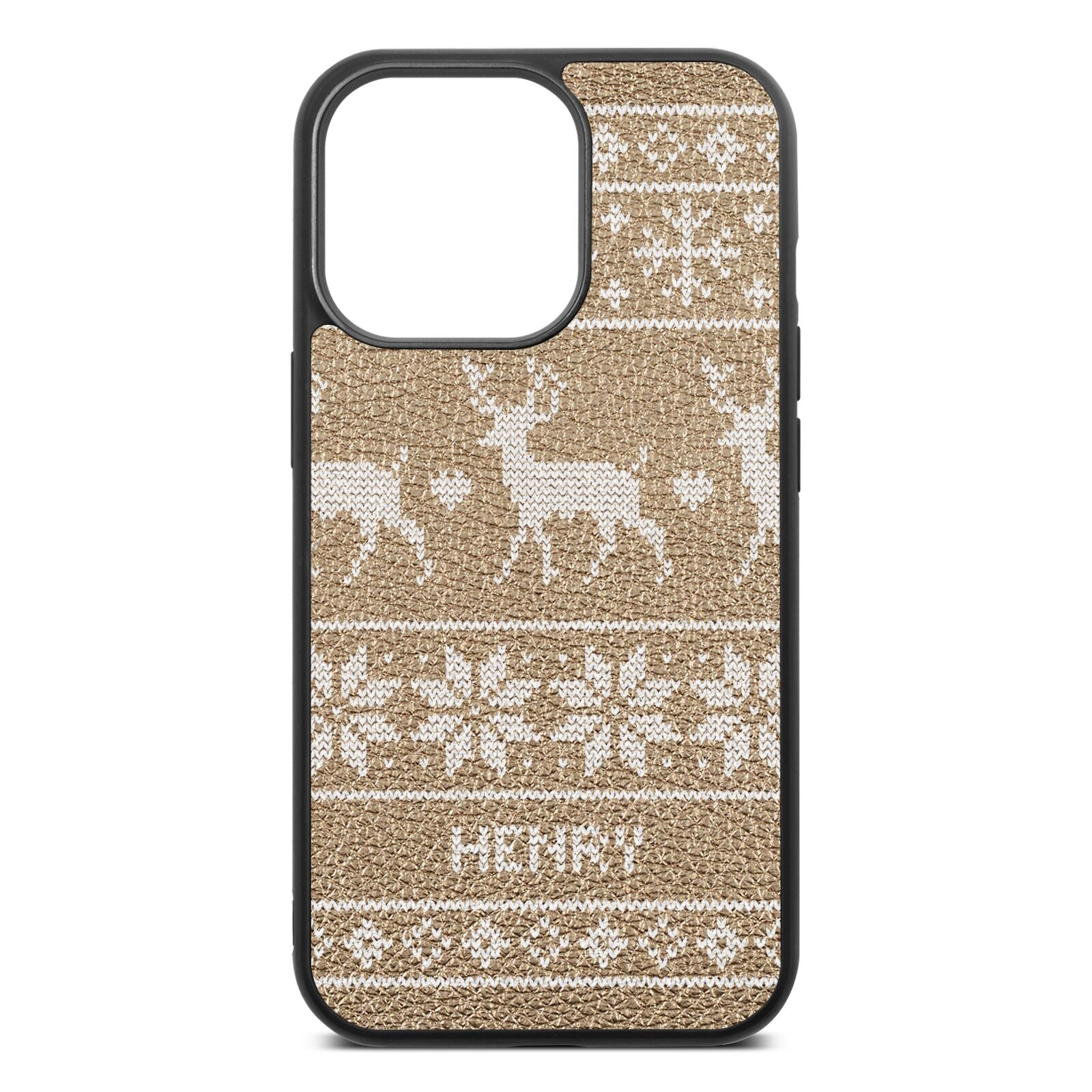 Personalised Christmas Jumper Gold Pebble Leather iPhone 13 Pro Case