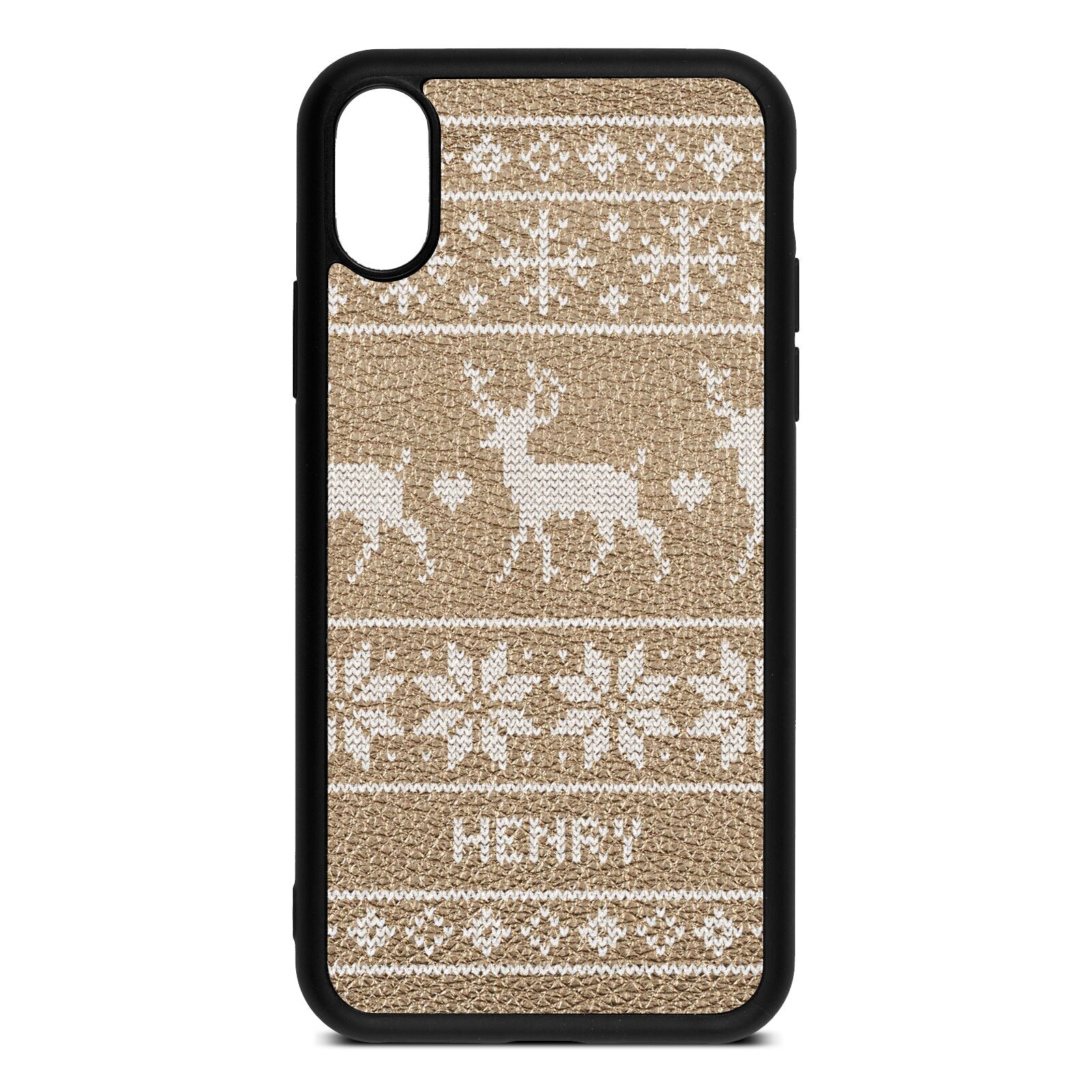 Personalised Christmas Jumper Gold Pebble Leather iPhone Xs Case