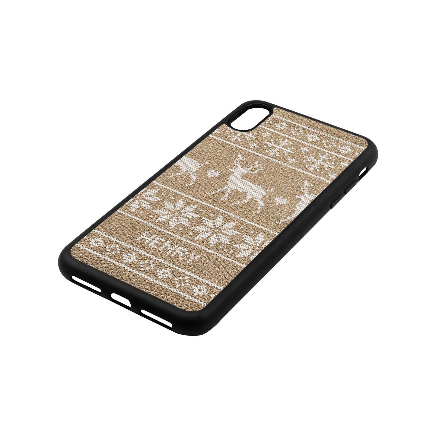 Personalised Christmas Jumper Gold Pebble Leather iPhone Xs Max Case Side Angle