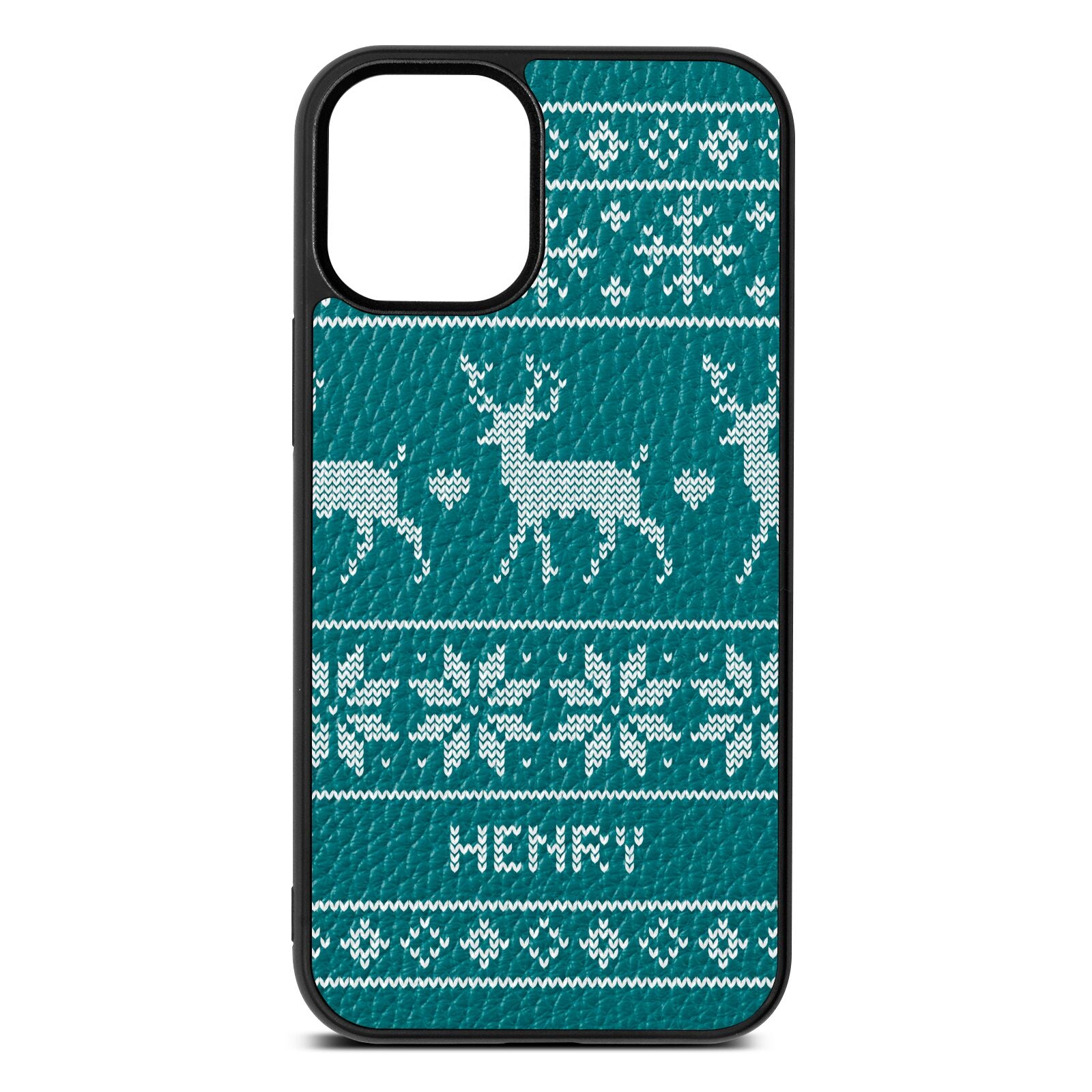 Personalised Christmas Jumper Green Pebble Leather iPhone 12 Mini Case