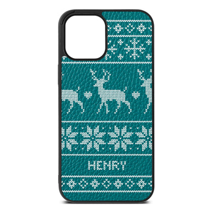 Personalised Christmas Jumper Green Pebble Leather iPhone 12 Pro Max Case