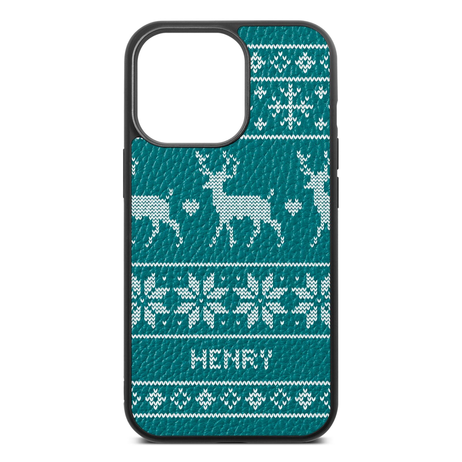 Personalised Christmas Jumper Green Pebble Leather iPhone 13 Pro Case