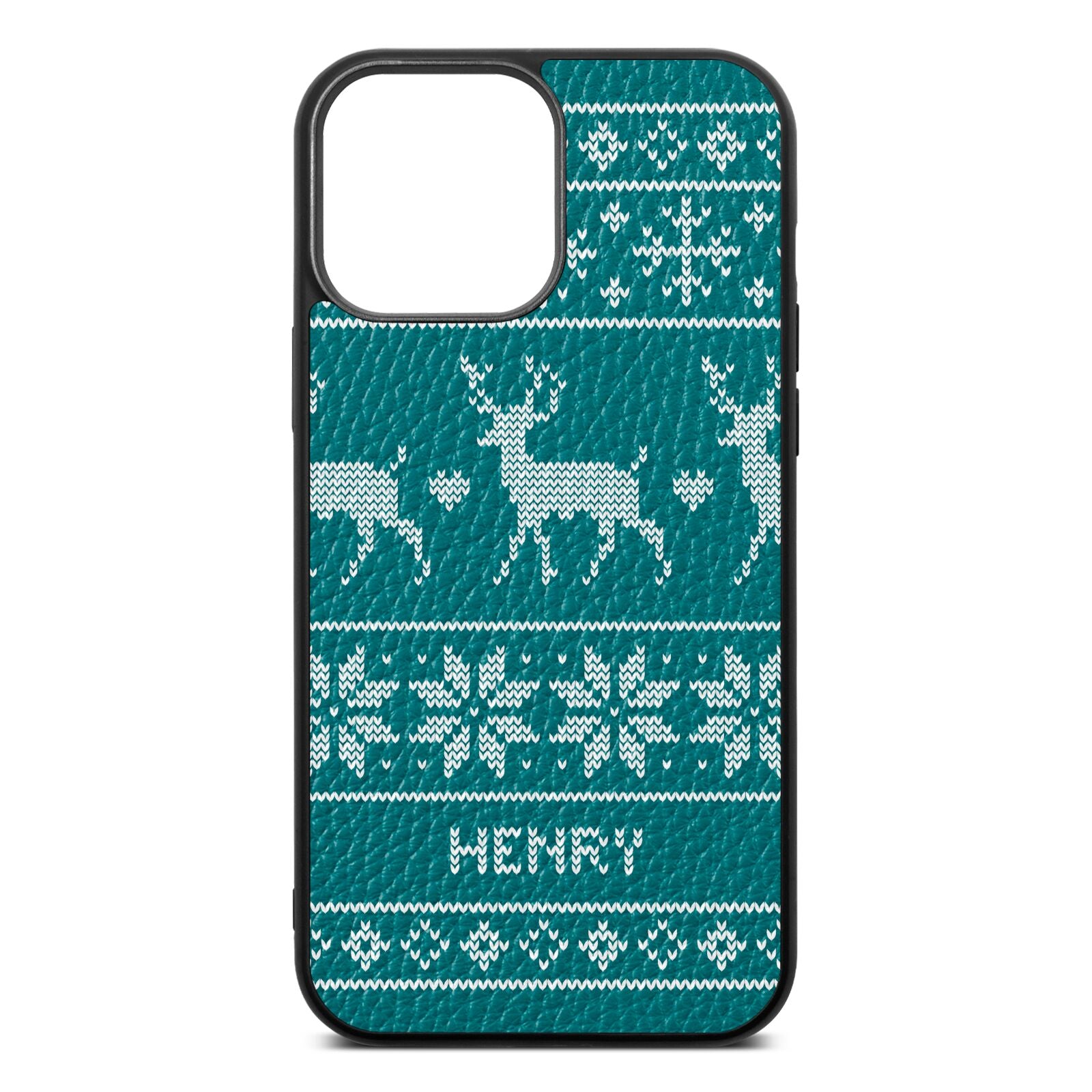 Personalised Christmas Jumper Green Pebble Leather iPhone 13 Pro Max Case