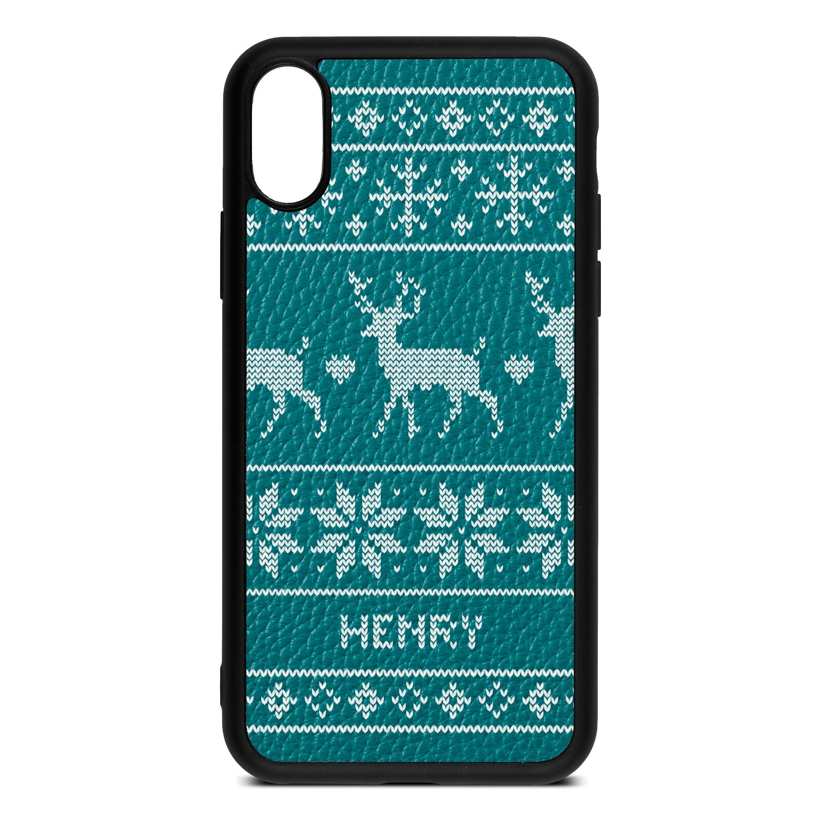 Personalised Christmas Jumper Green Pebble Leather iPhone Xs Case