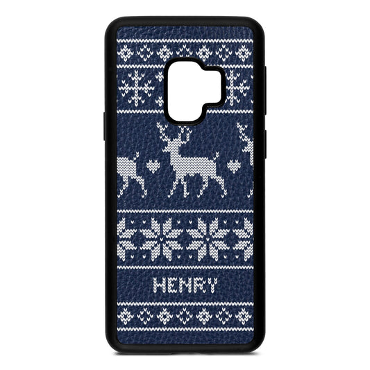 Personalised Christmas Jumper Navy Blue Pebble Leather Samsung S9 Case