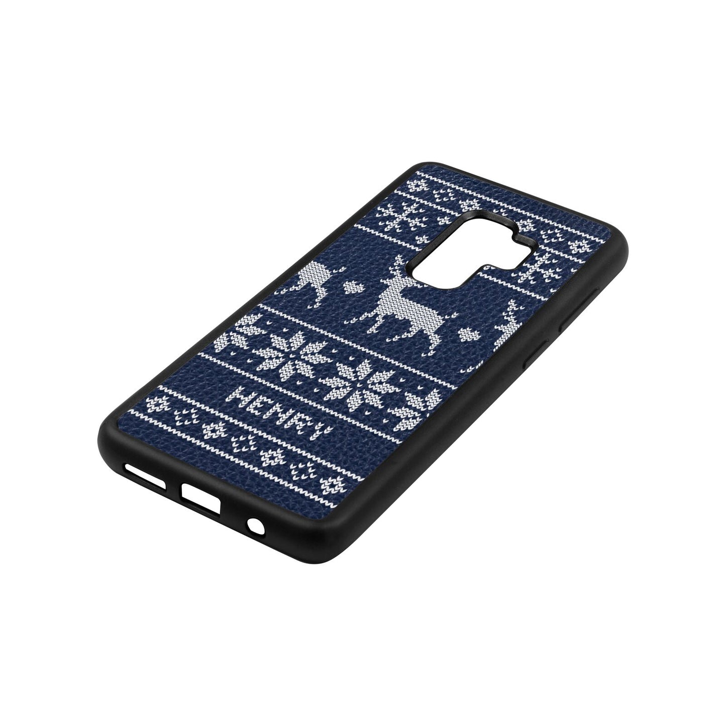 Personalised Christmas Jumper Navy Blue Pebble Leather Samsung S9 Plus Case Side Angle