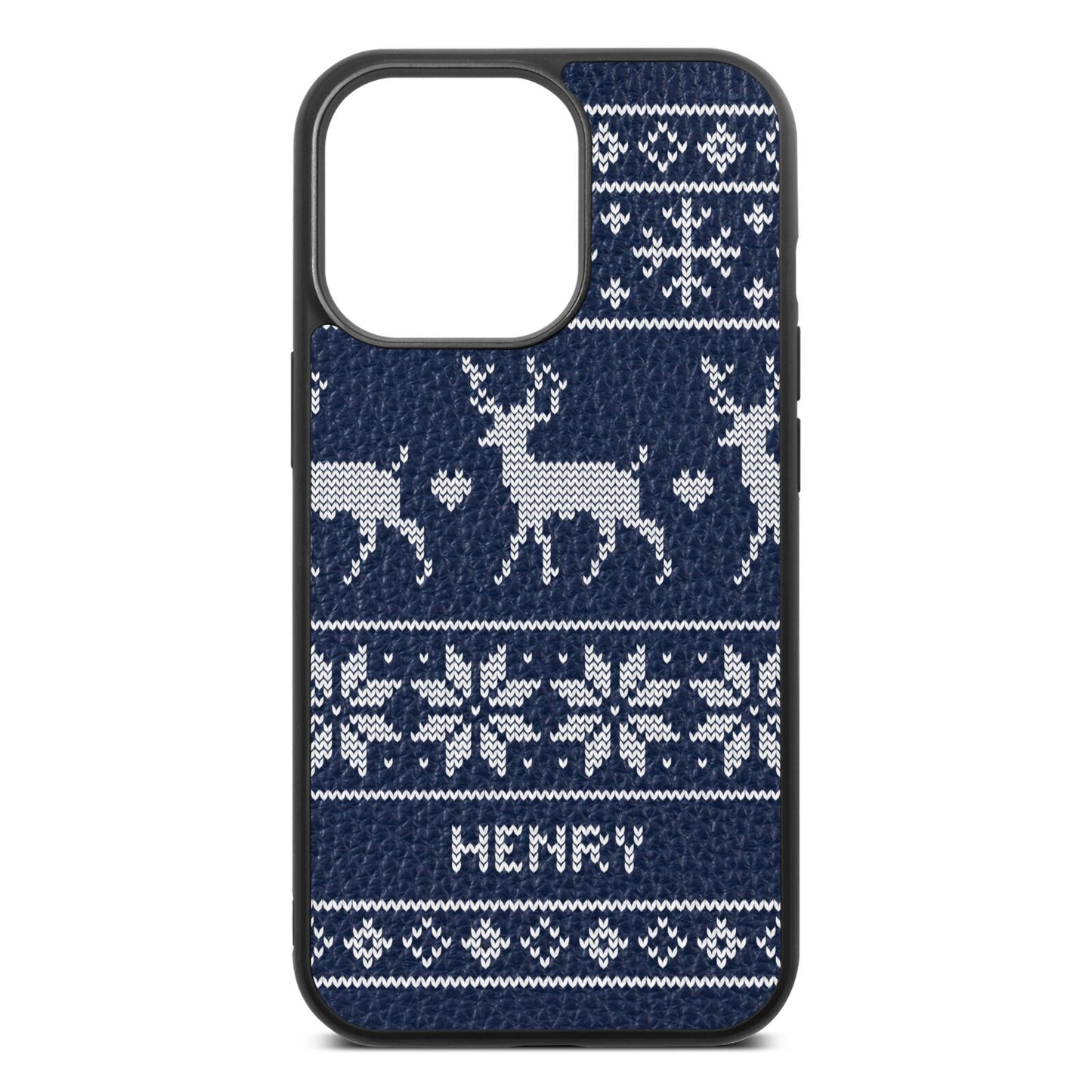 Personalised Christmas Jumper Navy Blue Pebble Leather iPhone 13 Pro Case