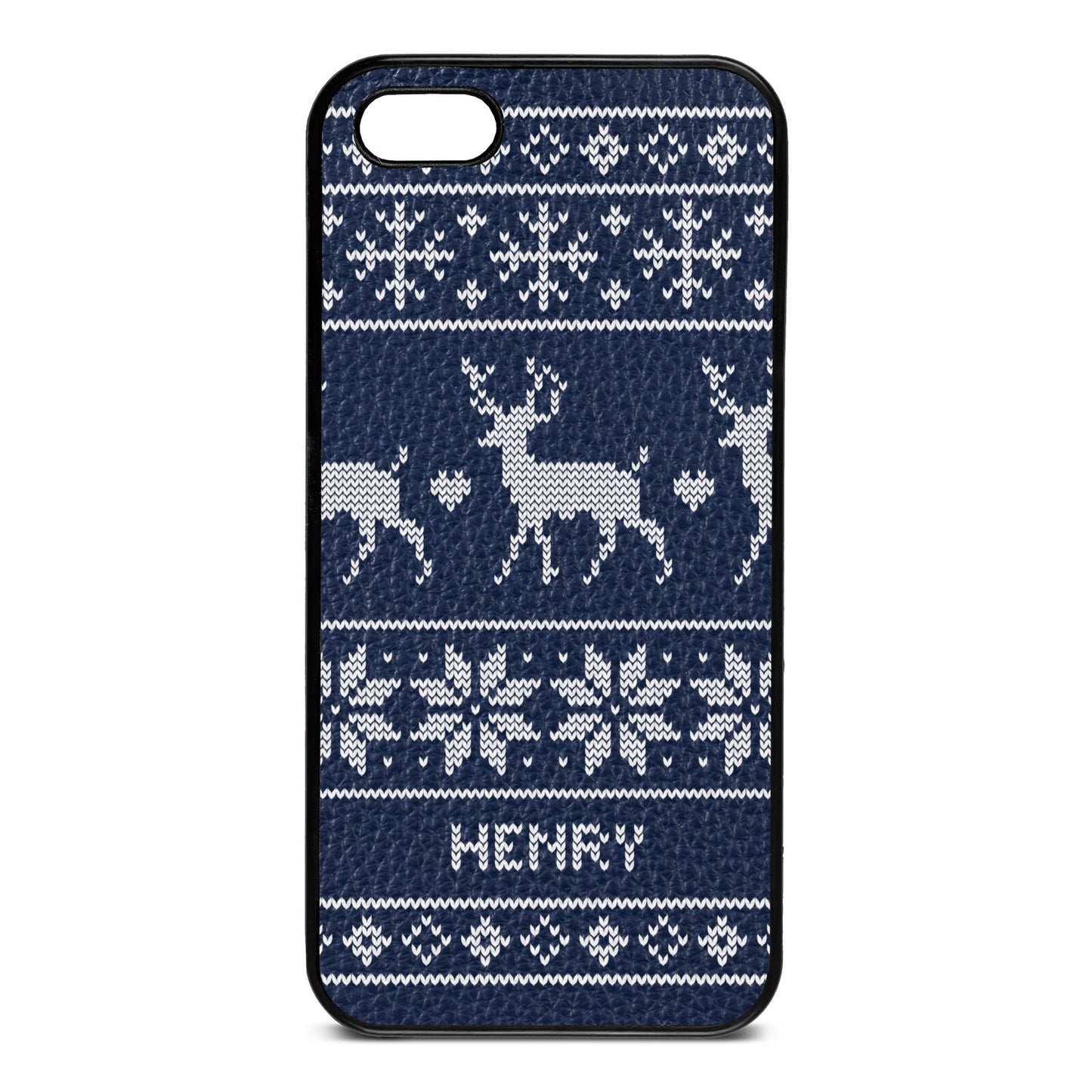 Personalised Christmas Jumper Navy Blue Pebble Leather iPhone 5 Case