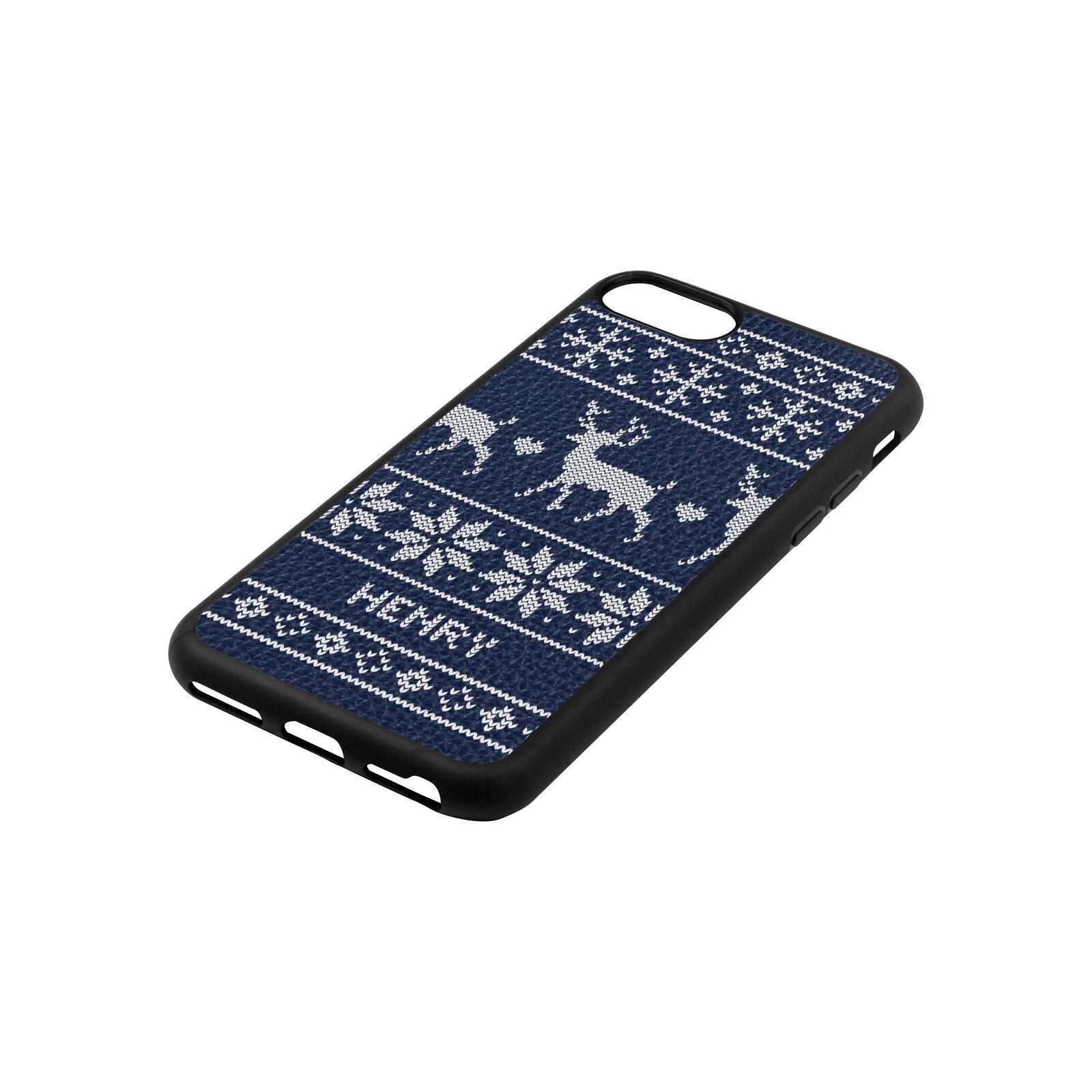 Personalised Christmas Jumper Navy Blue Pebble Leather iPhone 8 Case Side Angle