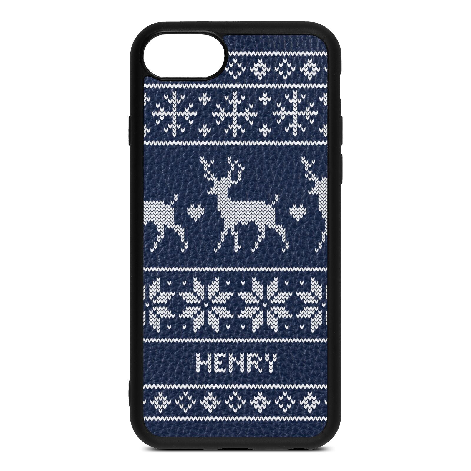 Personalised Christmas Jumper Navy Blue Pebble Leather iPhone 8 Case