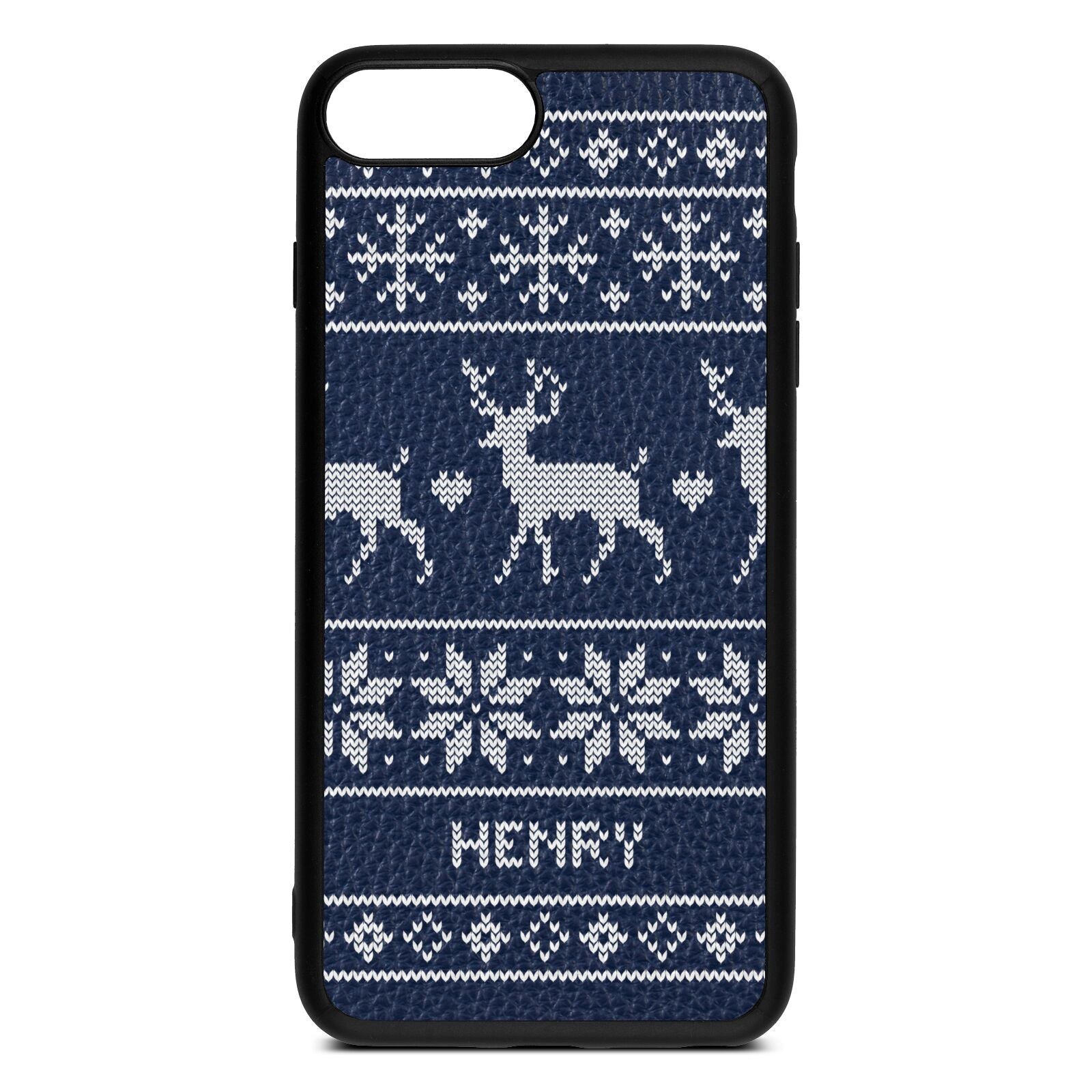 Personalised Christmas Jumper Navy Blue Pebble Leather iPhone 8 Plus Case