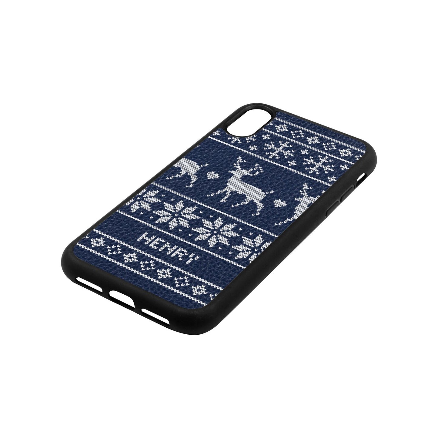 Personalised Christmas Jumper Navy Blue Pebble Leather iPhone Xr Case Side Angle