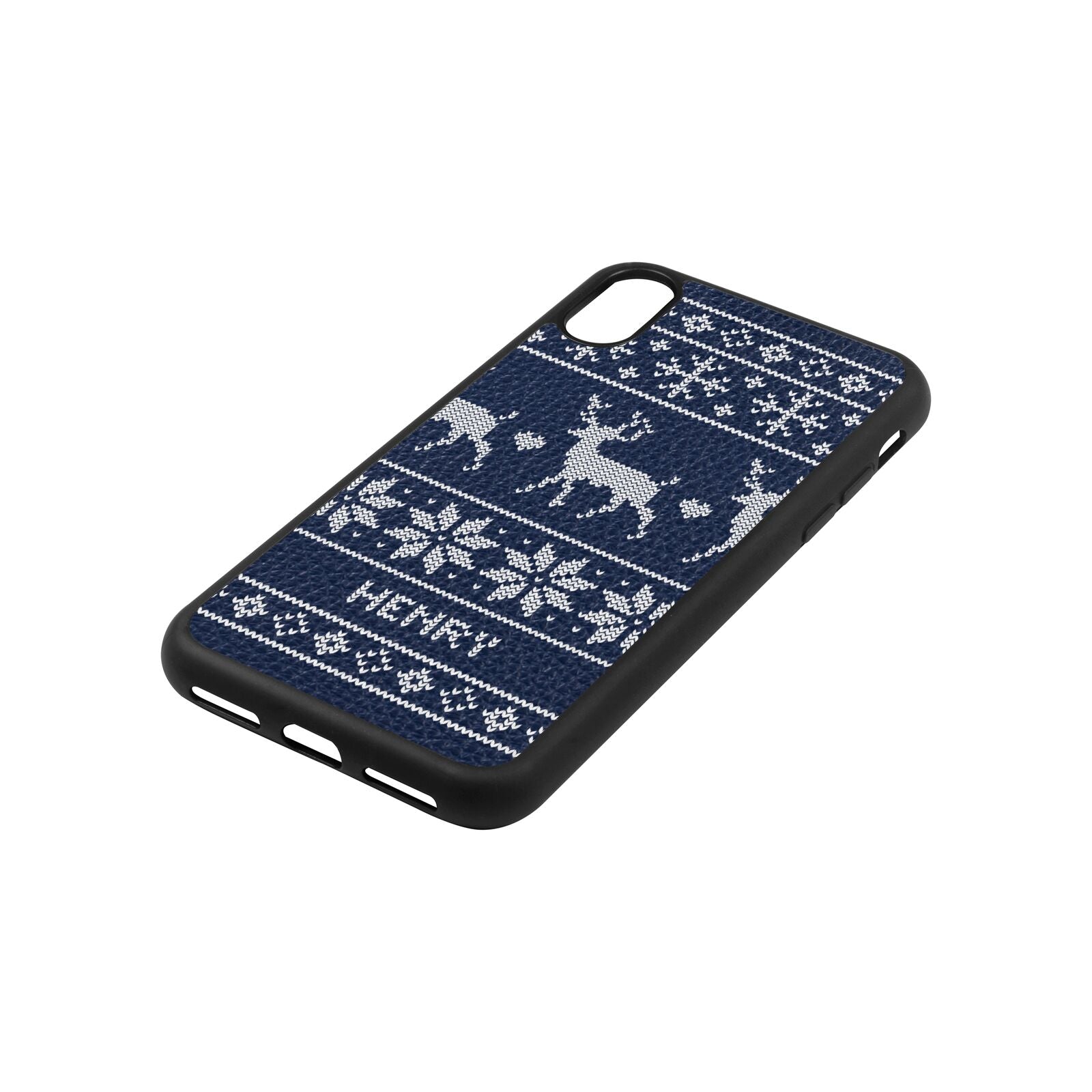 Personalised Christmas Jumper Navy Blue Pebble Leather iPhone Xs Case Side Image