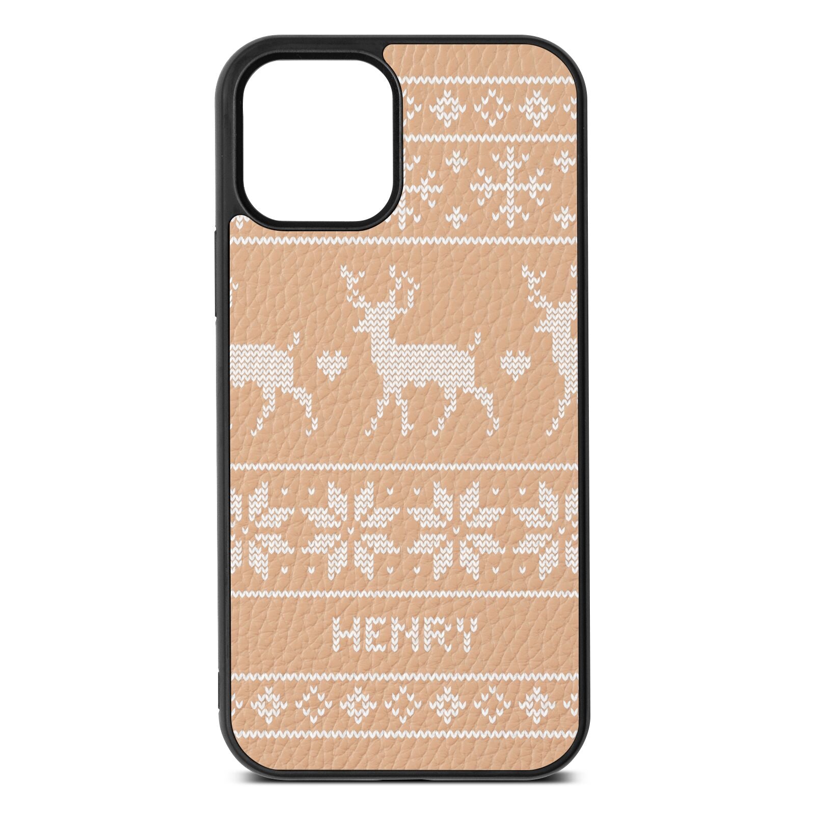 Personalised Christmas Jumper Nude Pebble Leather iPhone 12 Case