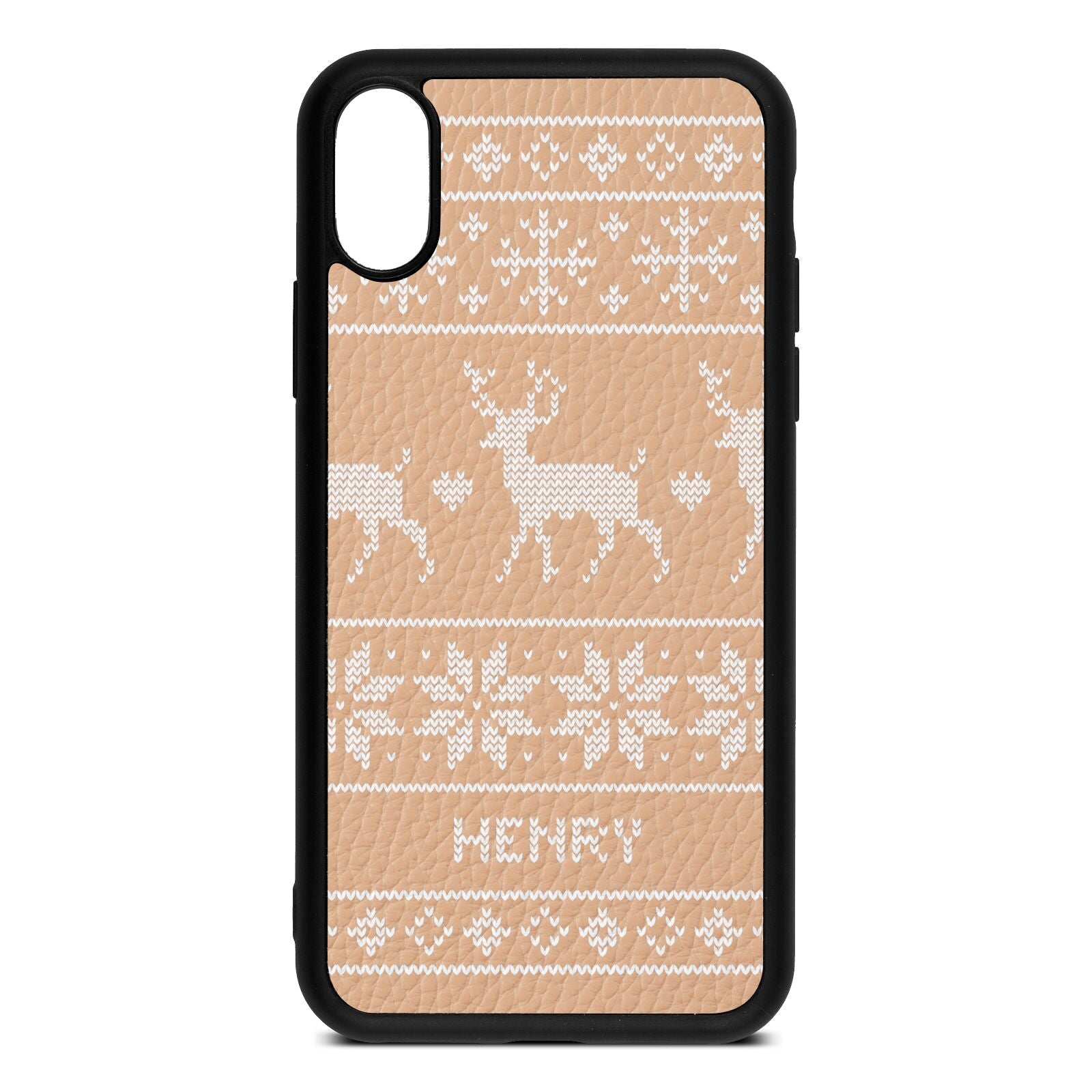 Personalised Christmas Jumper Nude Pebble Leather iPhone Xs Case