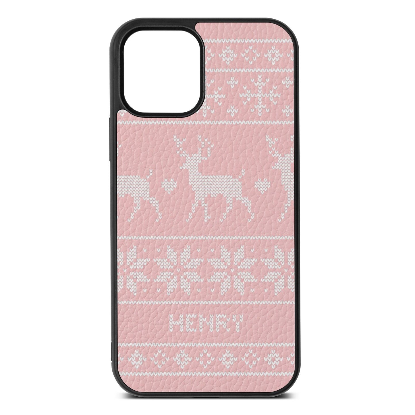 Personalised Christmas Jumper Pink Pebble Leather iPhone 12 Case