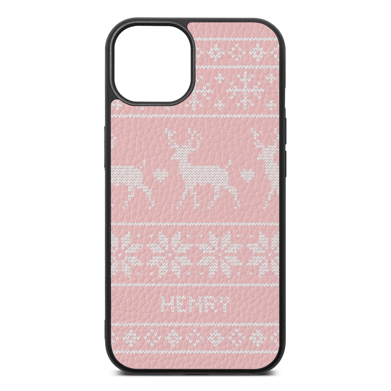 Personalised Christmas Jumper Pink Pebble Leather iPhone 13 Case