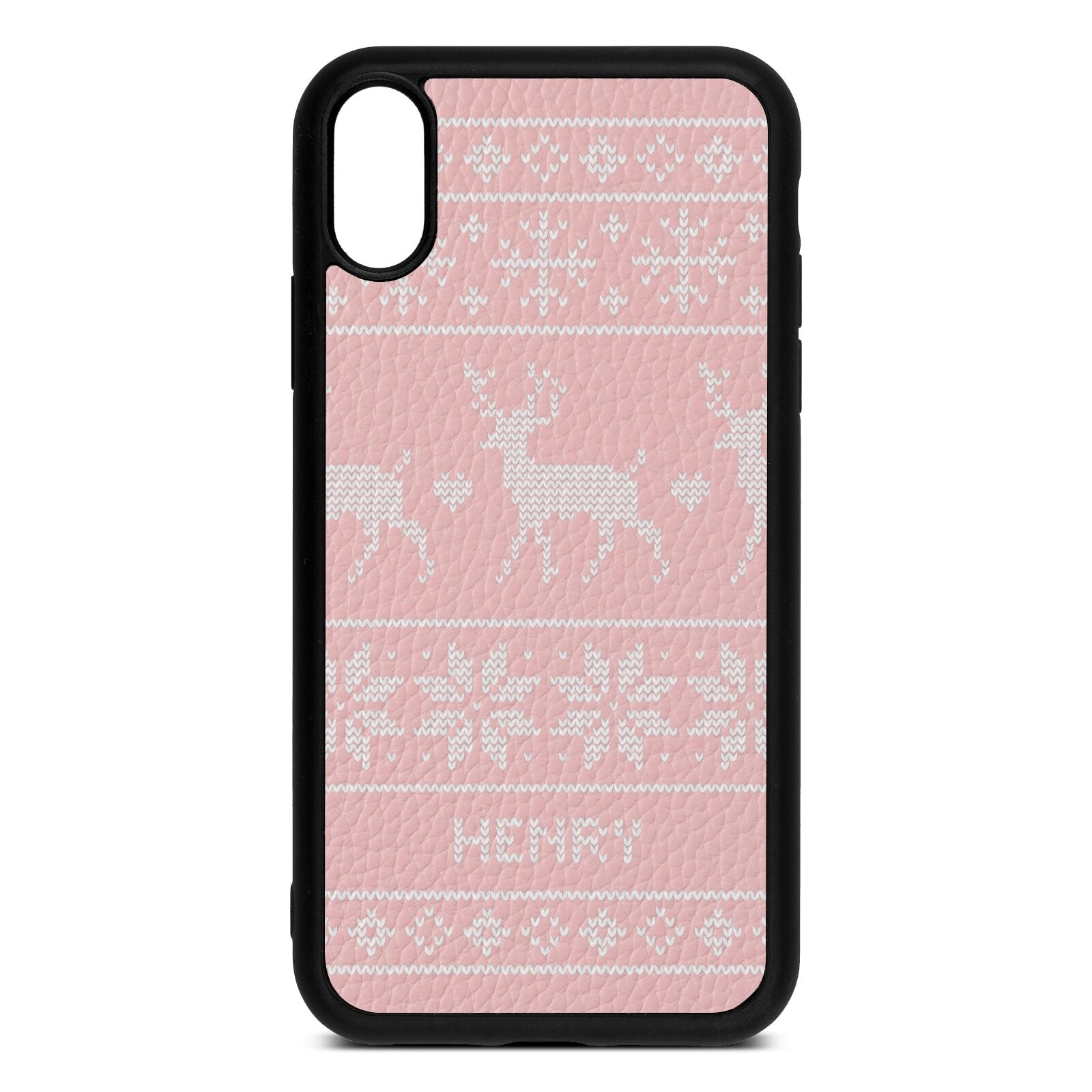 Personalised Christmas Jumper Pink Pebble Leather iPhone Xr Case