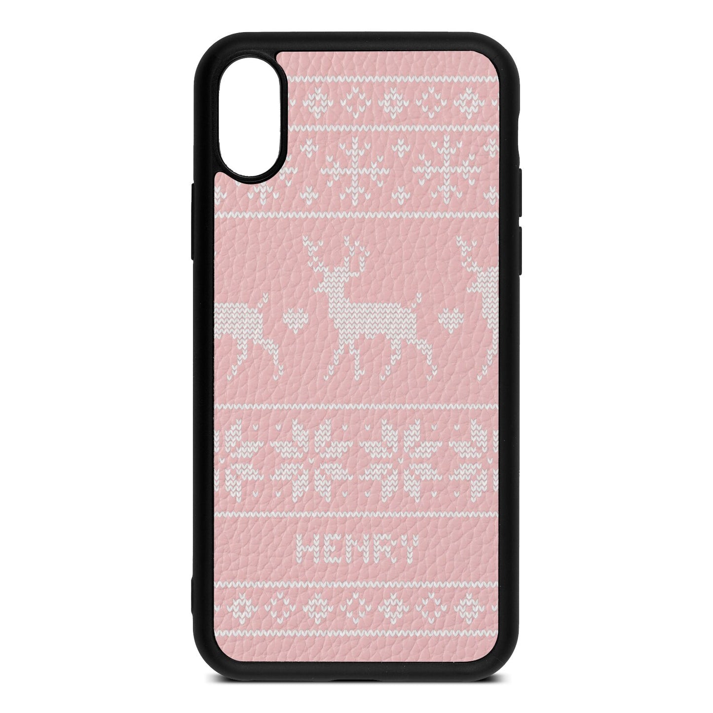 Personalised Christmas Jumper Pink Pebble Leather iPhone Xs Case