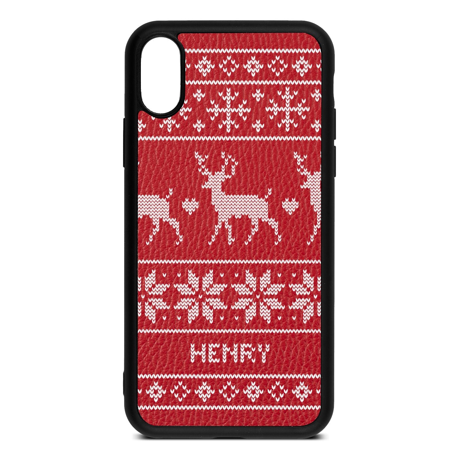 Personalised Christmas Jumper Red Pebble Leather iPhone Xs Case