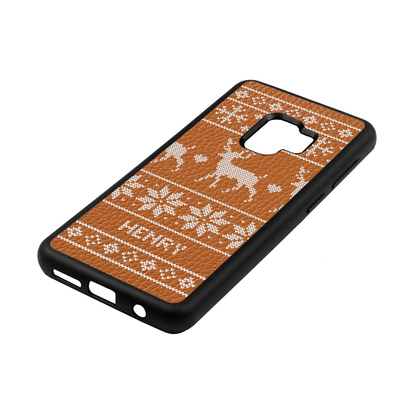 Personalised Christmas Jumper Tan Pebble Leather Samsung S9 Case Side Angle