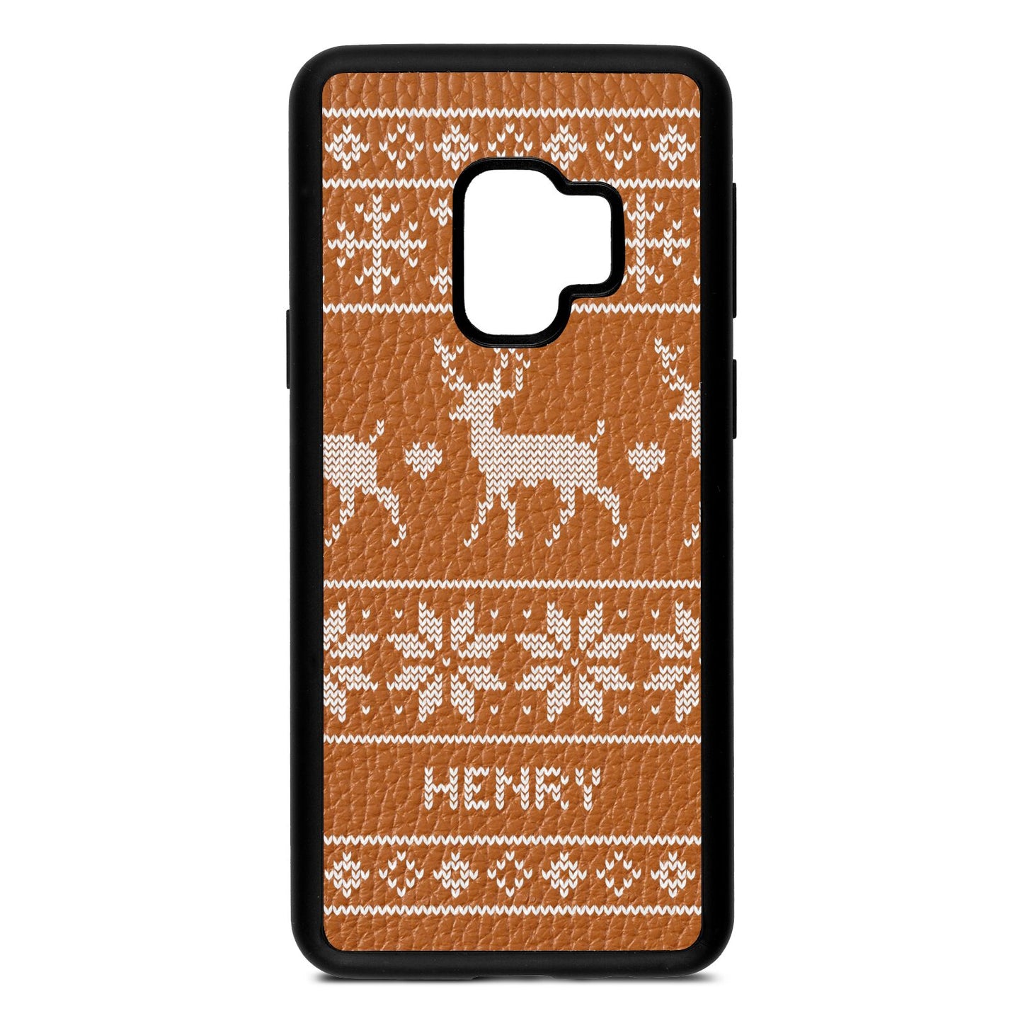 Personalised Christmas Jumper Tan Pebble Leather Samsung S9 Case