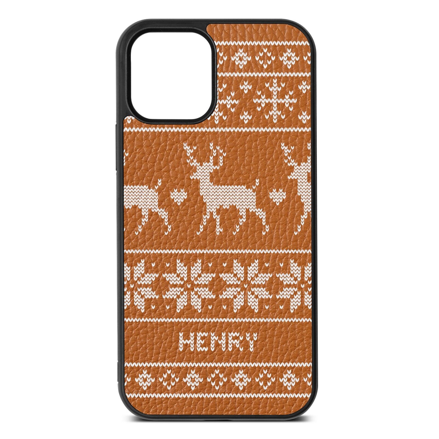 Personalised Christmas Jumper Tan Pebble Leather iPhone 12 Case