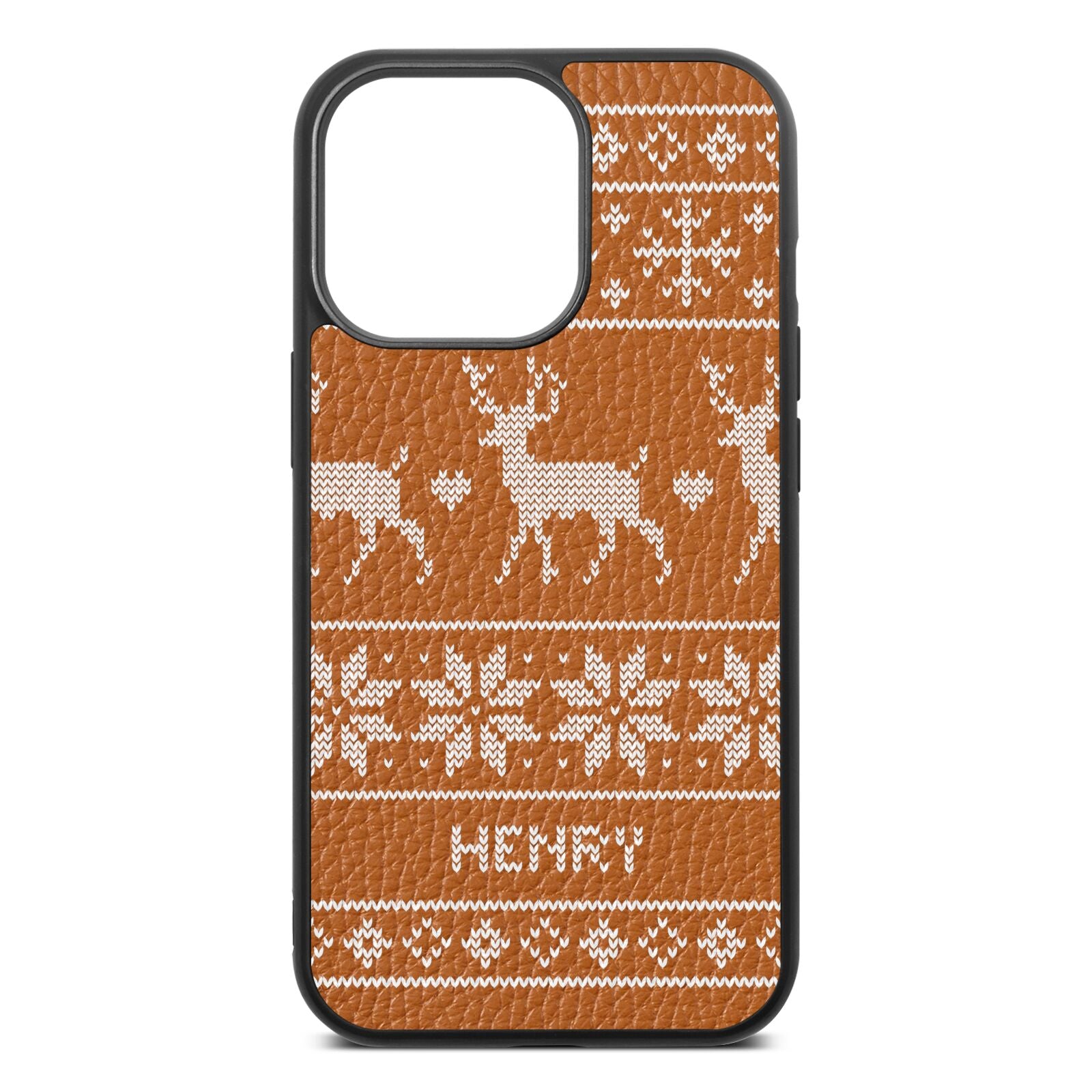 Personalised Christmas Jumper Tan Pebble Leather iPhone 13 Pro Case