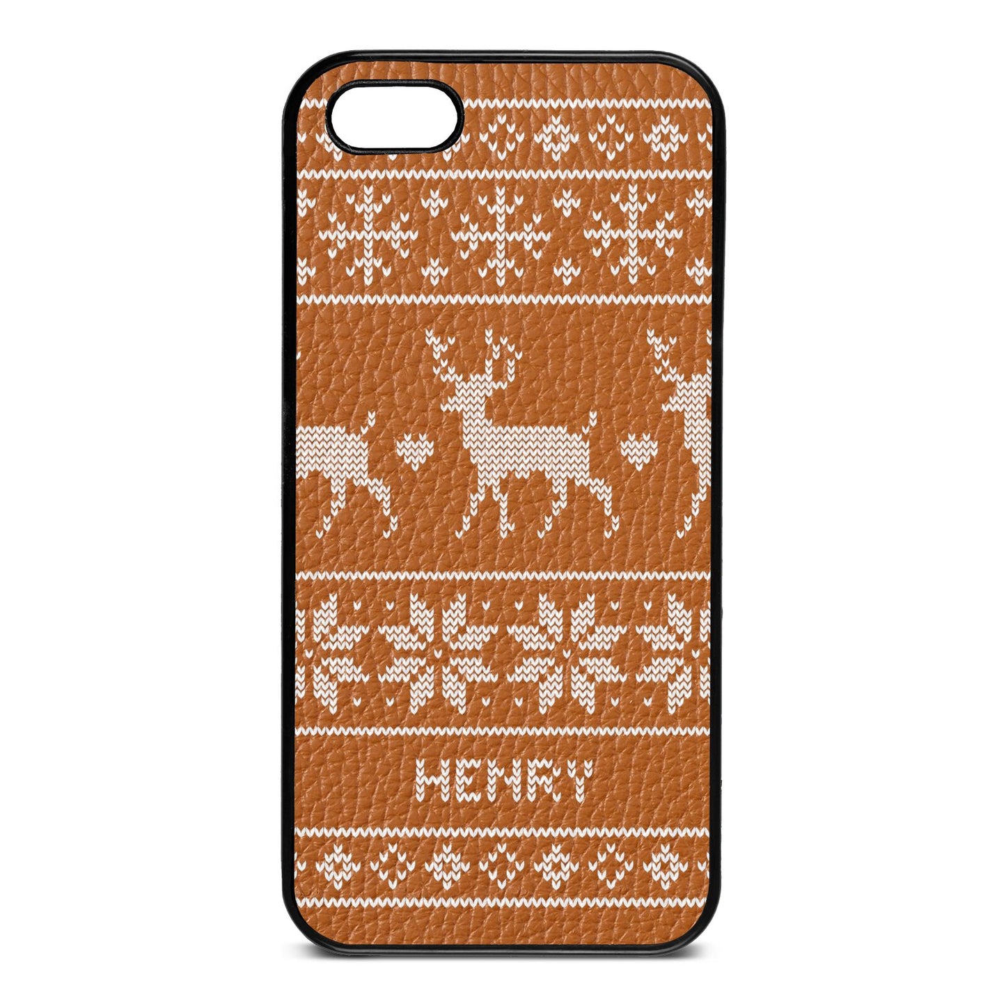 Personalised Christmas Jumper Tan Pebble Leather iPhone 5 Case